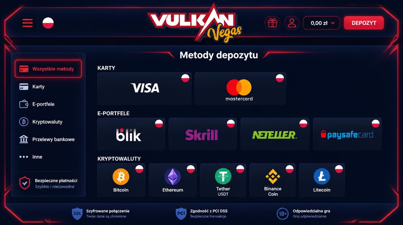 Ekran wyboru metod depozytu w Vulkan Vegas z polskimi ikonami