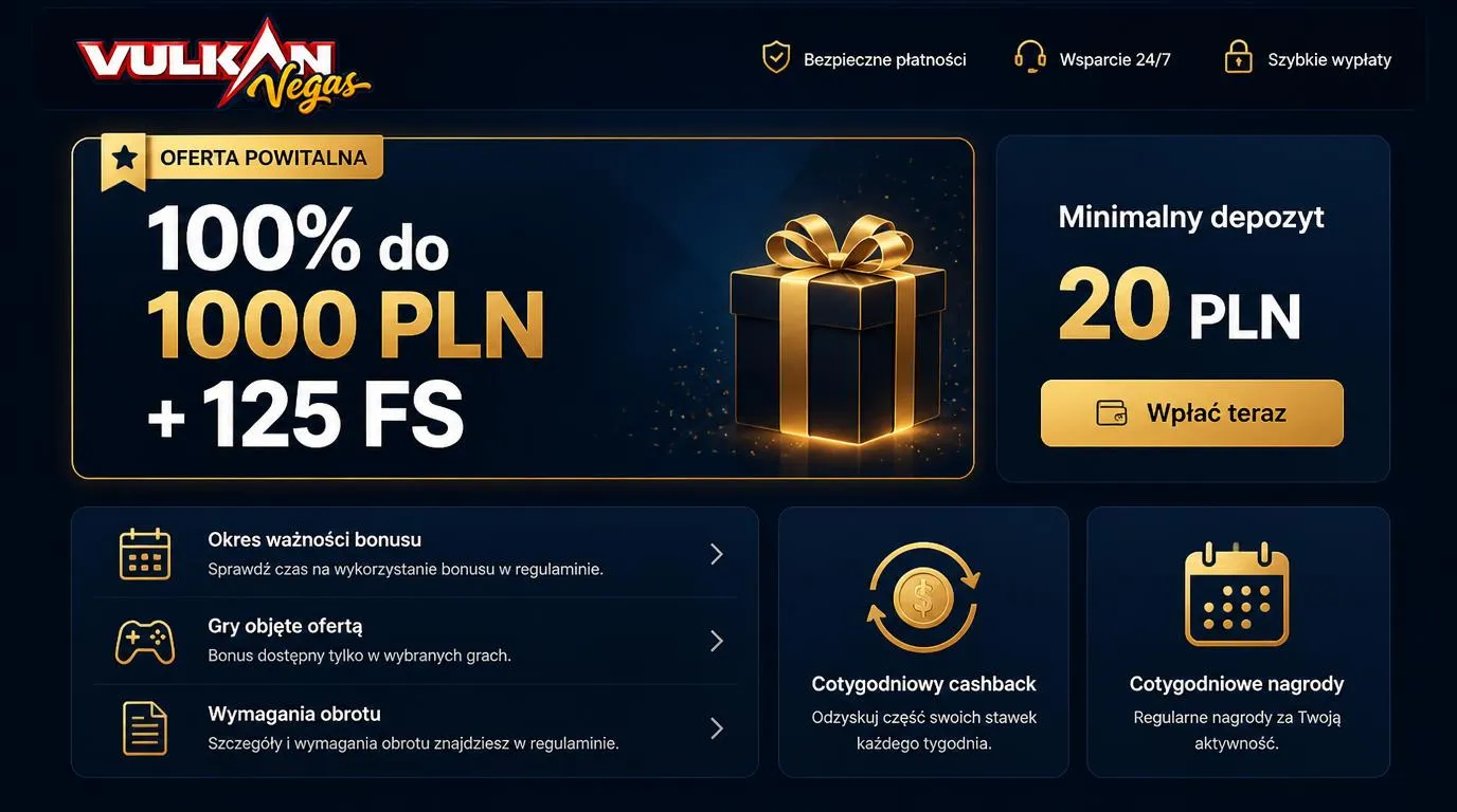 Panel bonusu powitalnego z dopłatą 100% do 1000 PLN, 125 darmowymi spinami i minimalnym depozytem 20 PLN