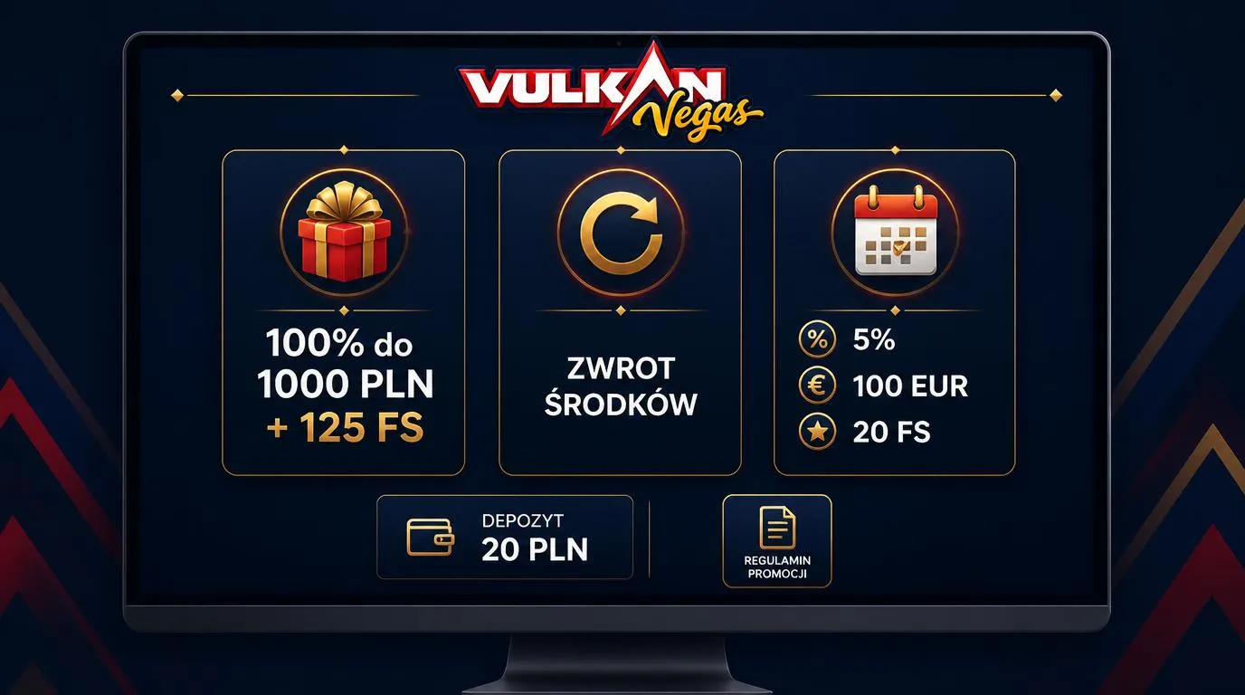 Trzy karty promocji kasynowych z bonusem powitalnym, cashbackiem i nagrodą tygodniową