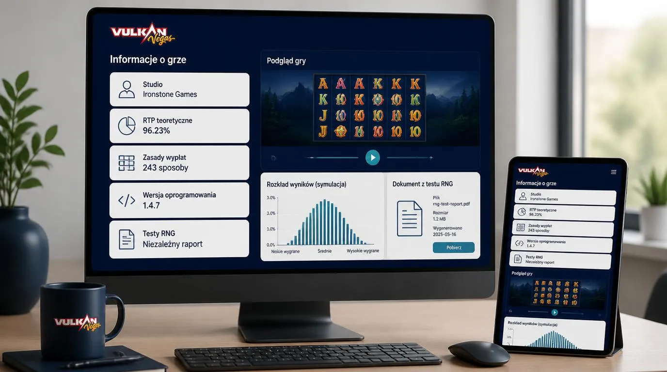 Panel informacji o automacie z parametrami RTP, zasadami gry i dokumentacją testów RNG