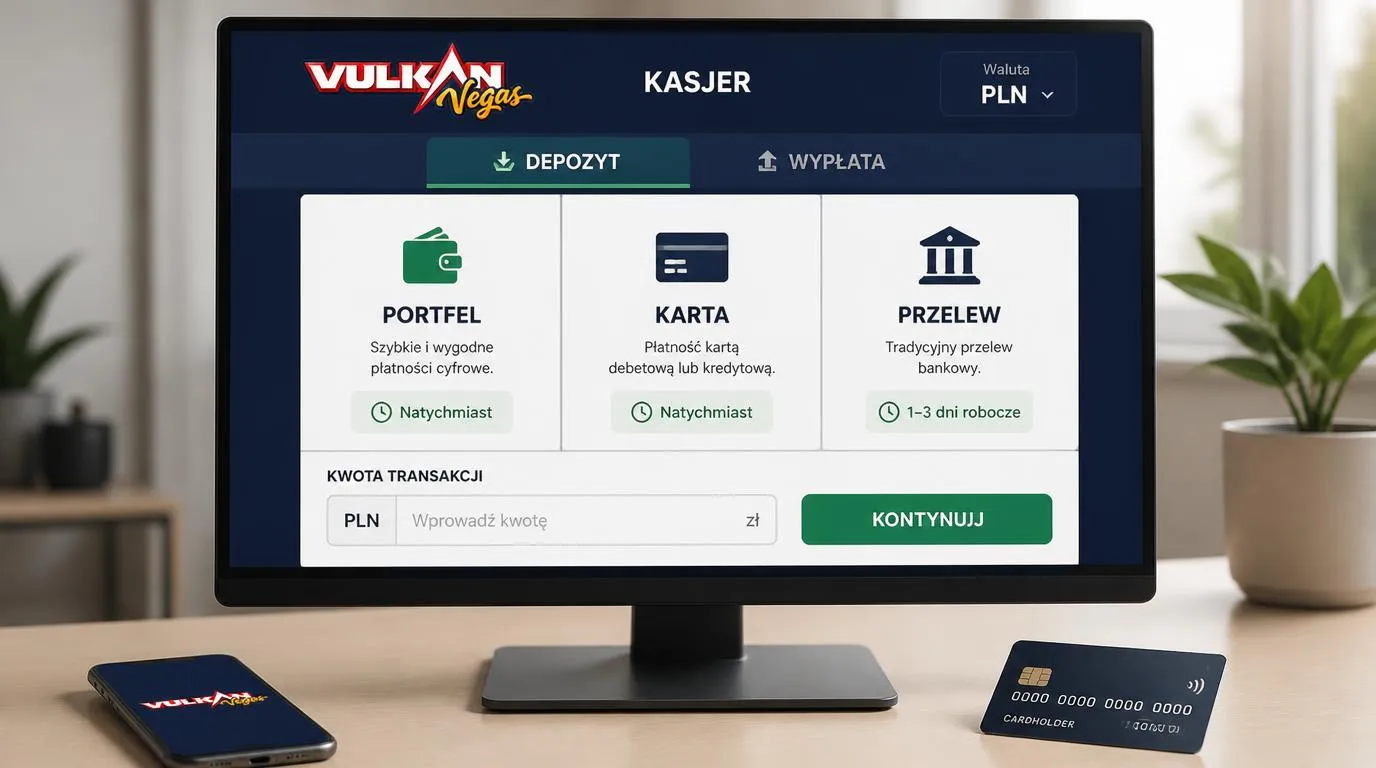 Panel kasjera z portfelem elektronicznym, kartą i przelewem bankowym oraz wyborem waluty PLN